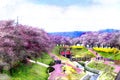 Digital watercolor painting and drawing of Cherry Blossom tree onm Hitome Senbon Sakura festival at Shiroishi riverside, Funaoka