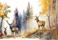 watercolor painting forest in autumn with trees and Wildlife with deer in a landscape Royalty Free Stock Photo