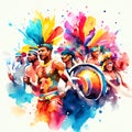 Digital watercolor painting of a group of Indian people dancing at a festival. AI generated