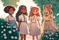 Digital watercolor painting of a group of young girls standing in a garden Royalty Free Stock Photo