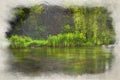 Digital watercolor painting of lush green plants and trees growing along the river bank