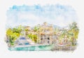 Digital watercolor painting of Luxury Waterfront Mansion with yacht in Fort Lauderdale Florida
