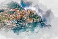 Digital watercolor painting of Manarola. Italy