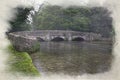 Digital watercolor painting of a medieval three arch sheep wash bridge Royalty Free Stock Photo