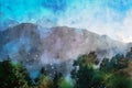 Digital watercolor painting of mountain in the morning, Rainy season landscape image