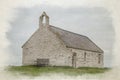 Digital watercolor painting of St Cwyfan`s Church, the church in the sea, Anglesey