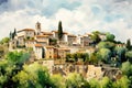 Digital watercolor painting of a village in Provence, France, Saint Paul de Vence, AI Generated Royalty Free Stock Photo