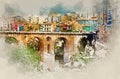 Digital watercolor painting of Villajoyosa / La Vila Joiosa town Royalty Free Stock Photo