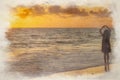 Digital watercolor painting of a young girl on a beach Royalty Free Stock Photo