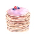 Digital watercolor pancakes with raspberry and blueberry isolated on white background. Delicious food vector