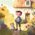 Digital watercolor portrait of cartoon kid and cat in the village. Summer illustration