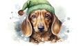 Digital watercolor portrait of a dachshund dog wearing a Christmas hat. Generative AI