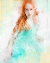 Digital watercolor redhead sensual portrait