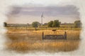 Antique hay rake and modern wind turbine digital watercolor painting