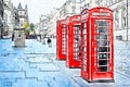 Watercolor of 3 red phone boxes in a street