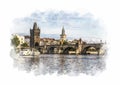 Digital watercolor, view of Prague and Charles Bridge.