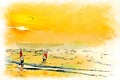 Digital watercolor of windsurfer at sunset Royalty Free Stock Photo
