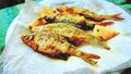 Watercolorstyle representing a plate of small fried fish with lemon ready to serve