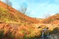 Digital watercolour of an autumnal waterfall and stone packhorse bridge at Three Shires Head in the Peak District. Royalty Free Stock Photo