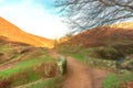 Digital watercolour of an autumnal waterfall and stone packhorse bridge at Three Shires Head in the Peak District.