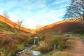 Digital watercolour of an autumnal waterfall and stone packhorse bridge at Three Shires Head in the Peak District. Royalty Free Stock Photo