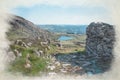 Digital watercolour painting of the abandoned Foel Slate Quarry, Capel Curig, Eryri National Park, Wales