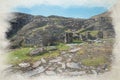 Digital watercolour painting of the abandoned Foel Slate Quarry, Capel Curig, Eryri National Park, Wales