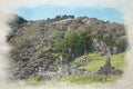 Digital watercolour painting of the abandoned Foel Slate Quarry, Capel Curig, Eryri National Park, Wales