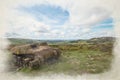 Digital watercolour painting of an abandoned Sherman tank at The Roaches