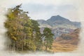 Digital watercolour painting of Blea Tarn in the English Lake District with views of the Langdale Pikes, and Side Pike Royalty Free Stock Photo
