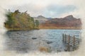 Digital watercolour painting of Blea Tarn in the English Lake District with views of the Langdale Pikes, and Side Pike Royalty Free Stock Photo