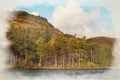 Digital watercolour painting of Blea Tarn in the English Lake District with views of the Langdale Pikes, and Side Pike Royalty Free Stock Photo