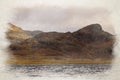 Digital watercolour painting of Blea Tarn in the English Lake District with views of the Langdale Pikes, and Side Pike Royalty Free Stock Photo