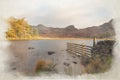 Digital watercolour painting of Blea Tarn in the English Lake District with views of the Langdale Pikes, and Side Pike Royalty Free Stock Photo