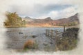 Digital watercolour painting of Blea Tarn in the English Lake District with views of the Langdale Pikes, and Side Pike Royalty Free Stock Photo