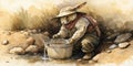 Watercolor ilustration of adorable bunny as a gold prospector