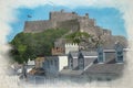 Digital watercolour painting of the fortress Mont Orgueil Castle at Gorey harbour, Jersey