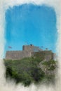 Digital watercolour painting of the fortress Mont Orgueil Castle at Gorey harbour, Jersey