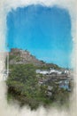 Digital watercolour painting of the fortress Mont Orgueil Castle at Gorey harbour, Jersey