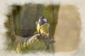 Digital watercolour paintng of a Great Tit, Parus major in a natural woodland setting