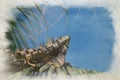 A digital watercolour painting of a green Iguana in a palm tree