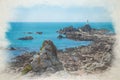 Digital watercolour painting of La Corbiere lighthouse, St Brelade, Jersey, Channel Islands