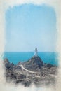 Digital watercolour painting of La Corbiere lighthouse, St Brelade, Jersey, Channel Islands