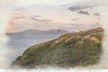 A digital watercolour painting of the llyn peninsula from Ynys Llanddwyn, Ynys Mon, Wales