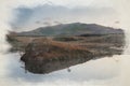 Digital watercolour painting of Llyn y Dywarchen, and Yr Wyddfa in the Eryri National Park, Wales