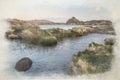 Digital watercolour painting of sunrise at Doxey Pool on The Roaches