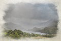 A digital watercolour painting of a weather front moving through Nant Gwynant in the Eryri National Park