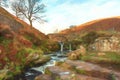 Digital watercolour of an autumnal waterfall and stone packhorse bridge at Three Shires Head in the Peak District. Royalty Free Stock Photo