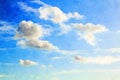 Digital watercolour of white fluffy clouds on blue sky