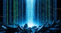 Digital Waterfall of Binary Code Cascading Over Rocky Landscape Royalty Free Stock Photo